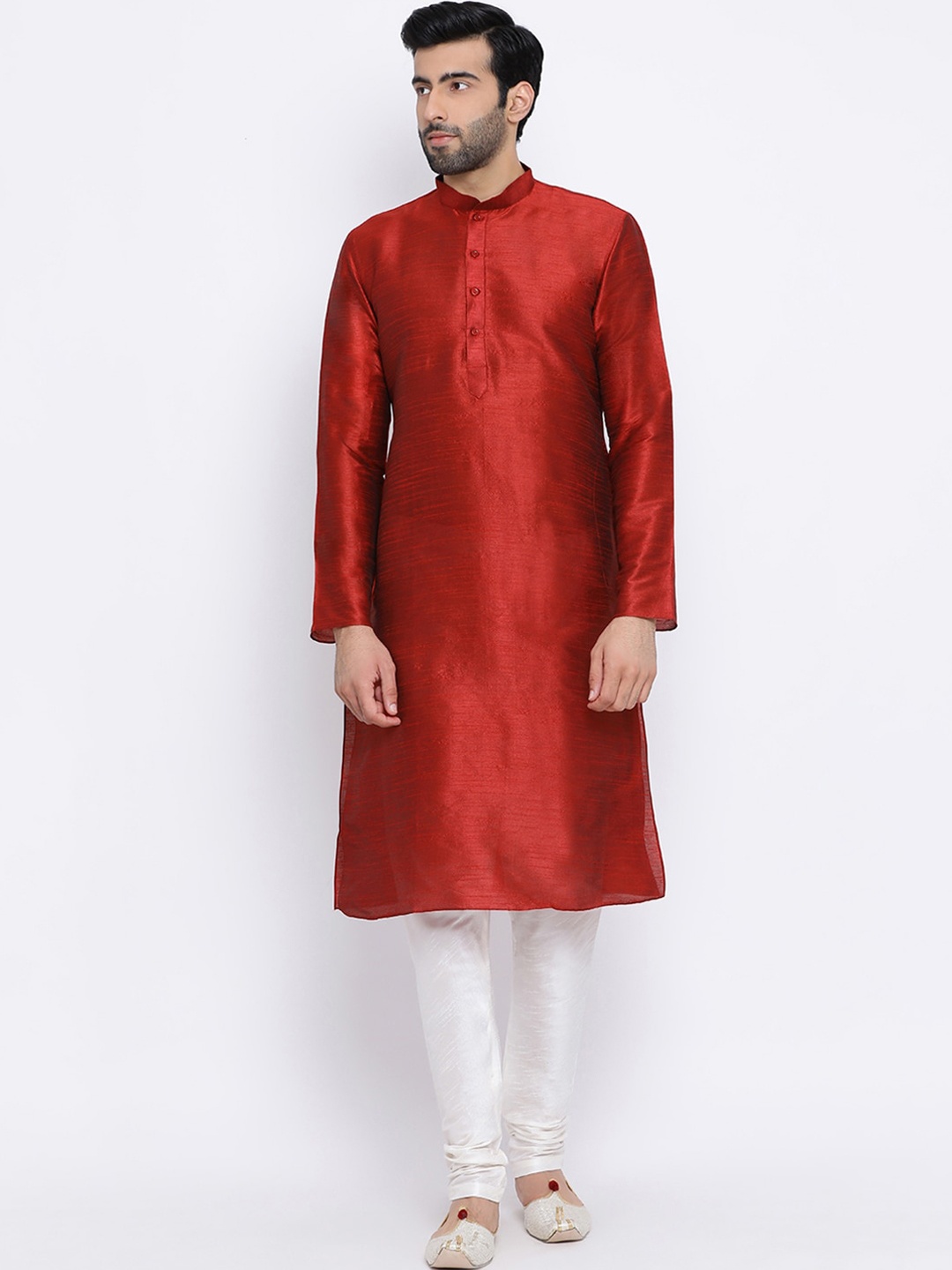

NAMASKAR Men Maroon & White Solid Dupion Silk Kurta with Churidar