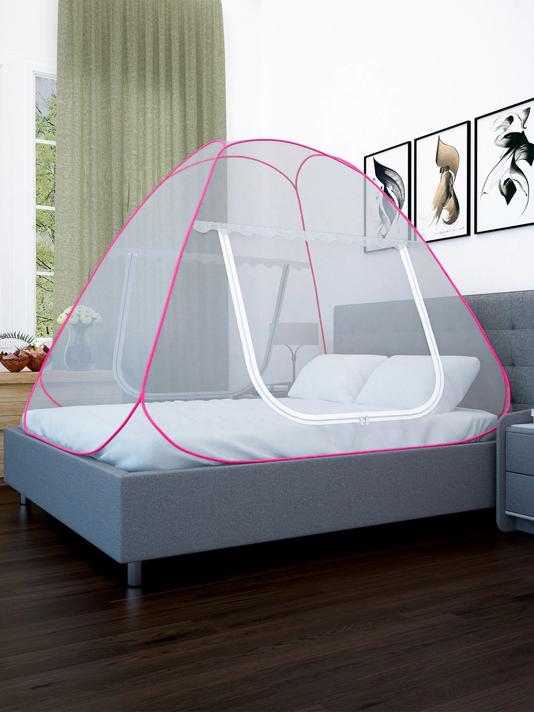 

HOSTA HOMES White & Pink Solid King Size Foldable Mosquito Net