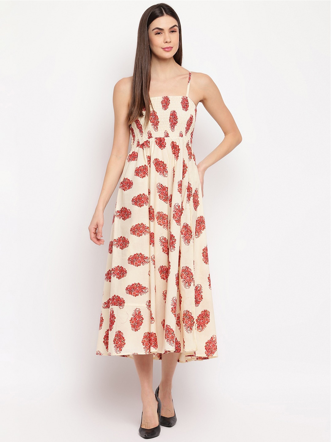 

Aawari Women Off-White & Red Printed Fit and Flare Dress