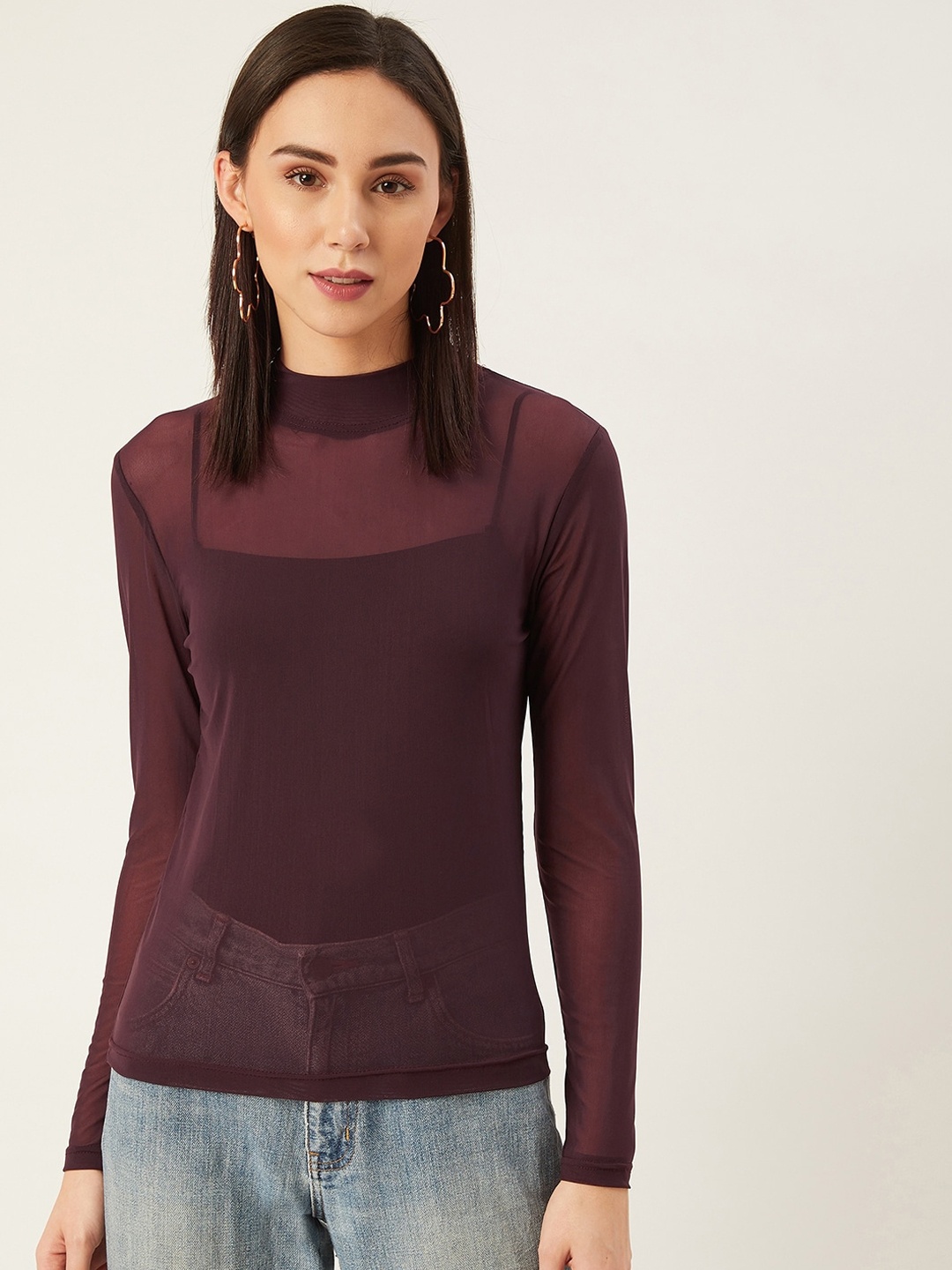 ANVI Be Yourself Burgundy Net Semi Sheer High Neck Regular Top