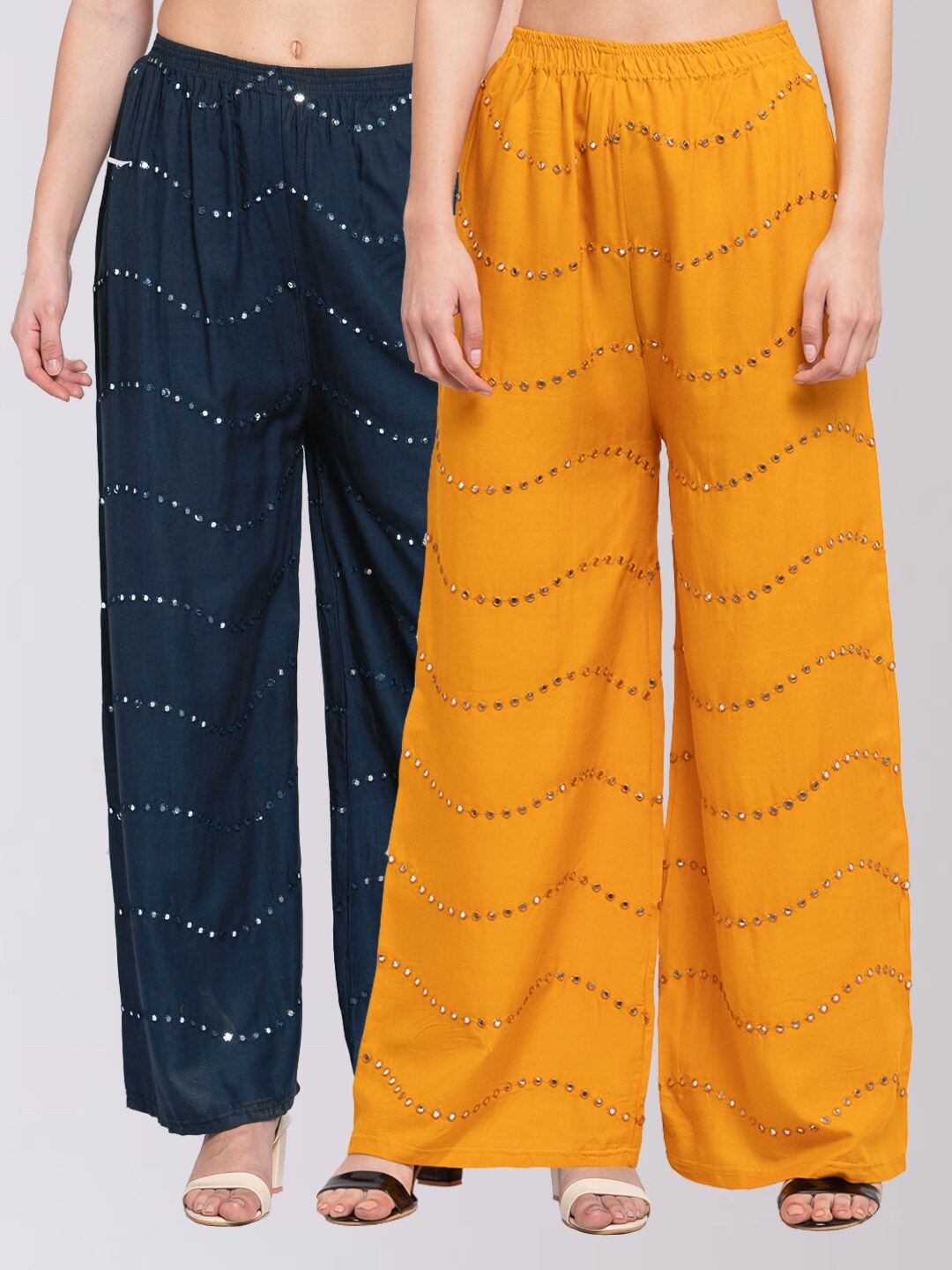 

KLOTTHE Pack of 2 Women Navy Blue & Yellow Embellished Wide Leg Palazzos