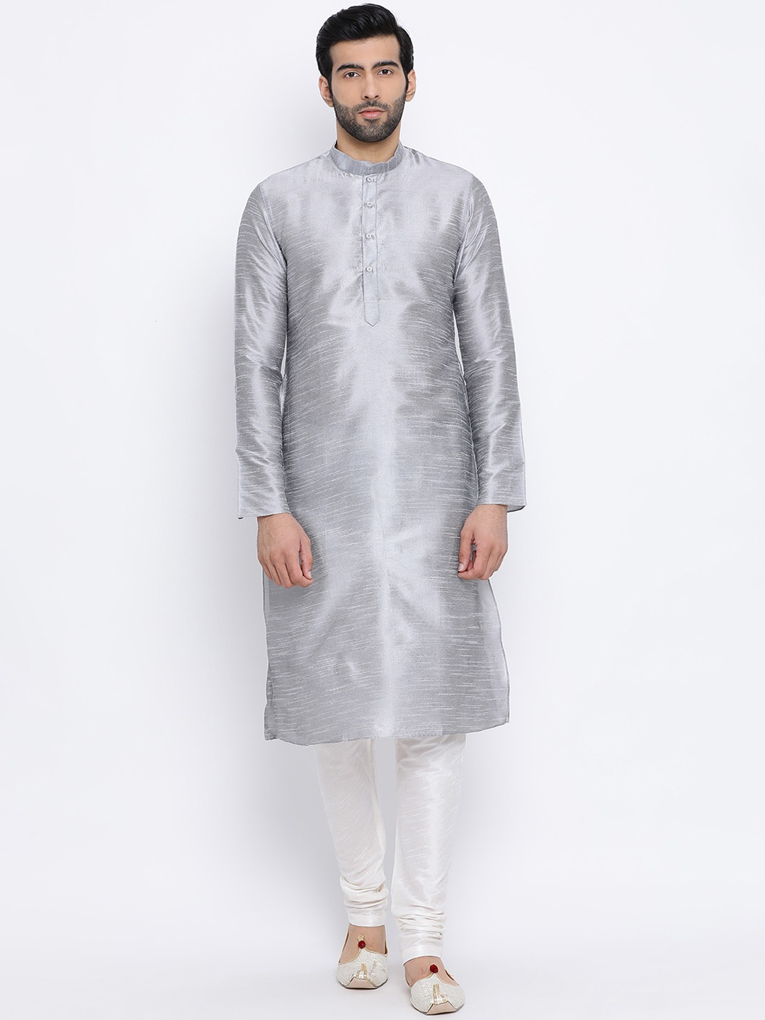 

NAMASKAR Men Silver-Toned Dupion Silk Solid Kurta with Churidar