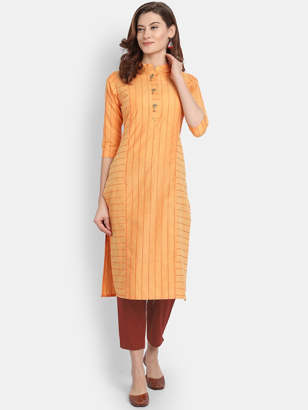

HK colours of fashion Women Yellow Striped Jacquard Straight Kurta