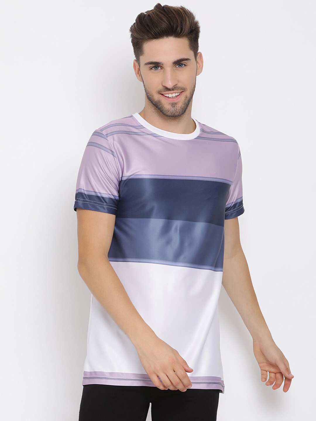 

hangup trend Men White & Blue Cotton Striped Round Neck T-shirt