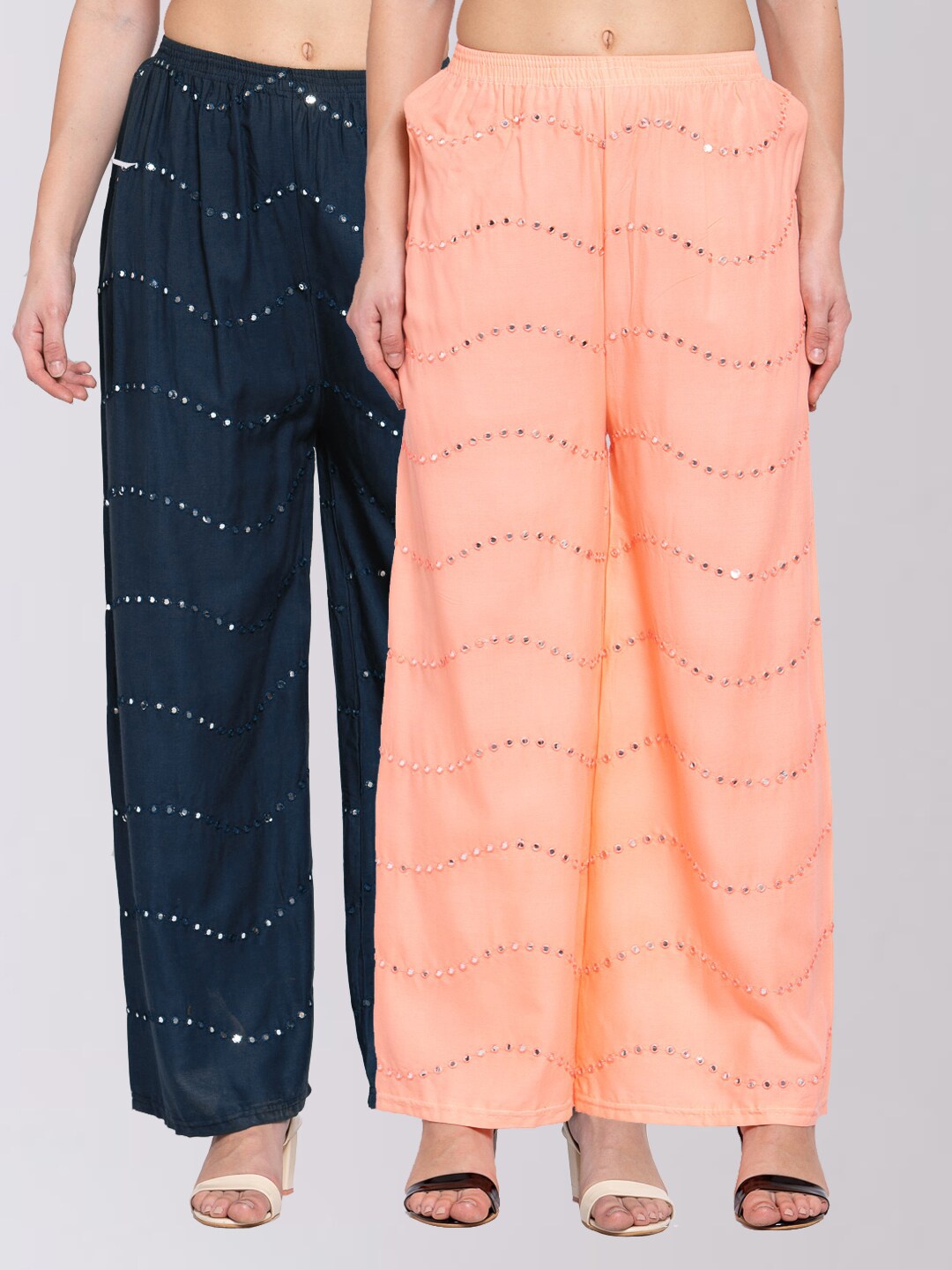KLOTTHE Women Pack Of 2 Peach-Coloured & Navy Blue Embellished Wide Leg Palazzos