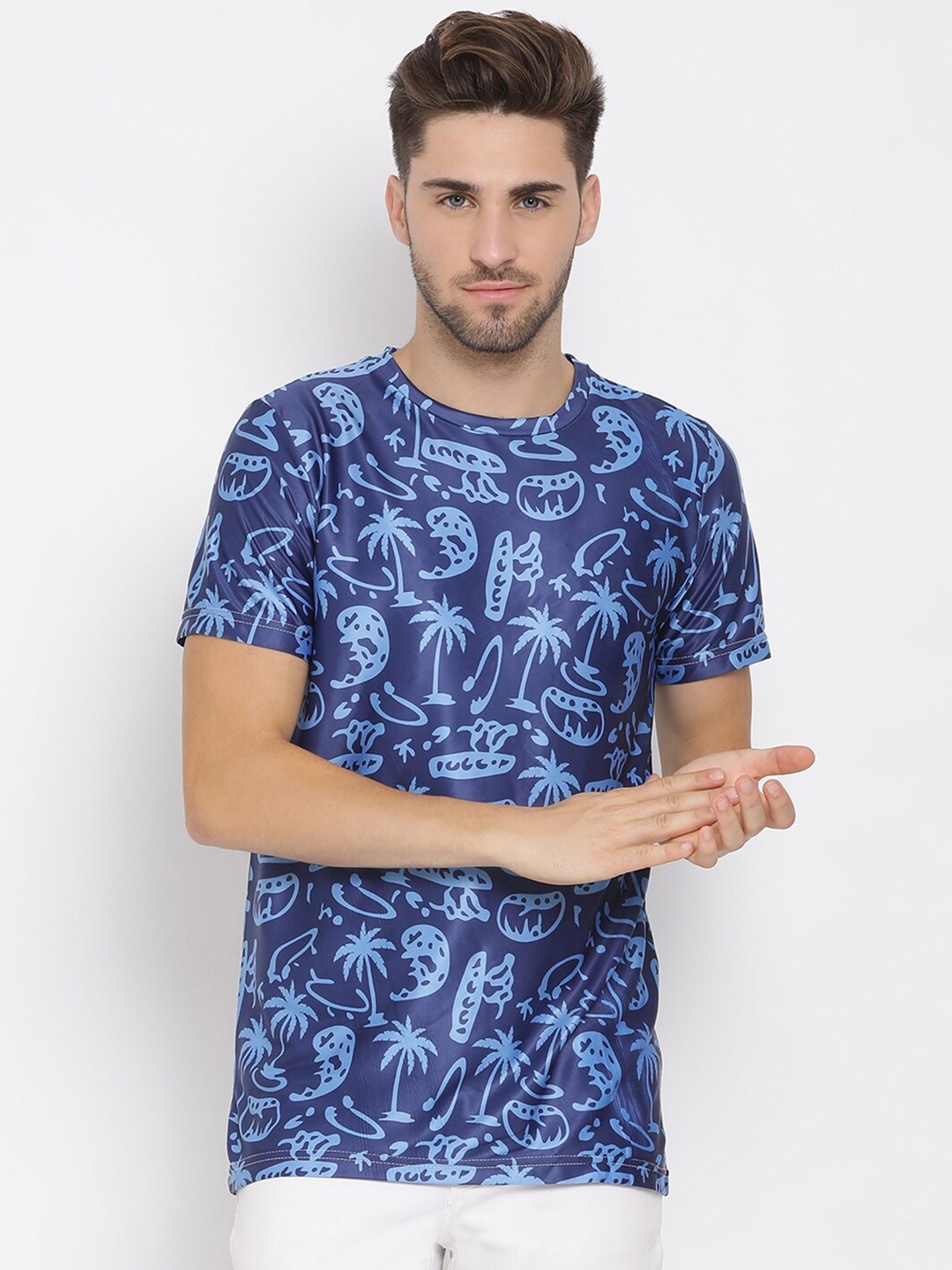 hangup trend Men Navy Blue Printed Round Neck Pure Cotton T-shirt