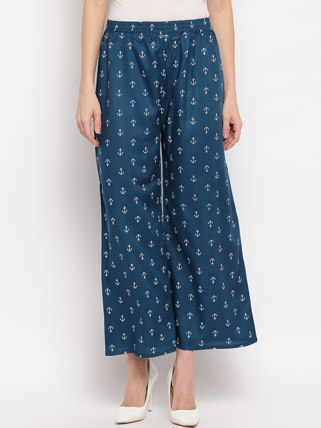 

Aawari Women Teal & White Printed Flared Palazzos