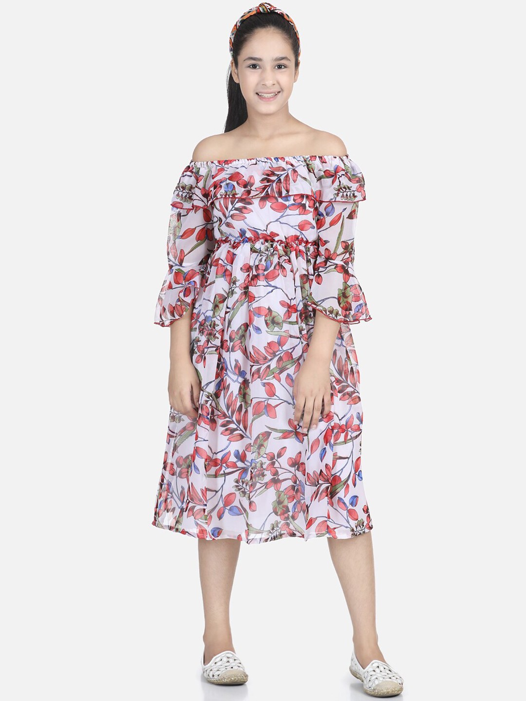 

Cutiekins Girls White & Red Printed Fit & Flare Dress