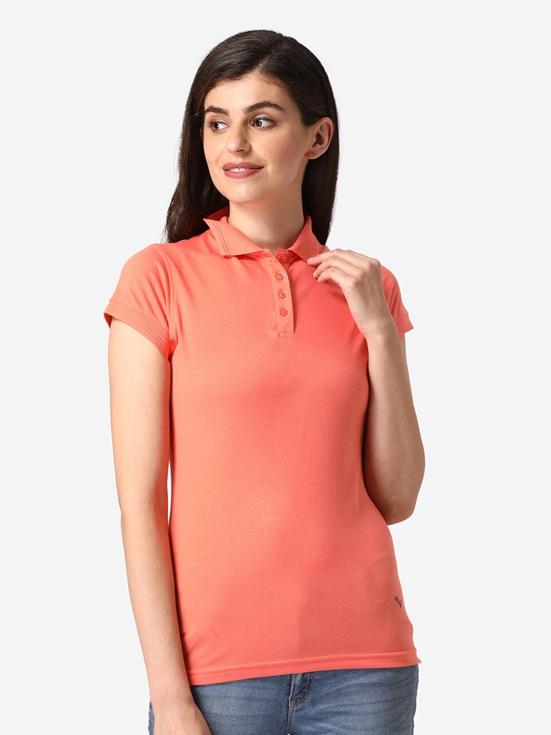

Vami Women Orange Solid Polo Collar T-shirt