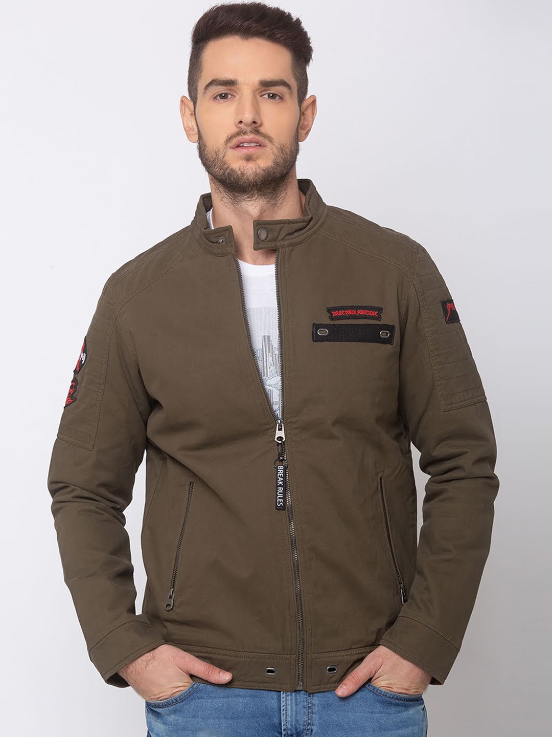 

SPYKAR Men Olive Green Solid Cotton Biker Jacket