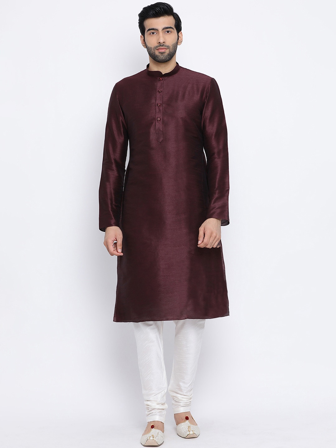 

NAMASKAR Men Brown & Off-White Dupion Silk Solid Kurta with Churidar