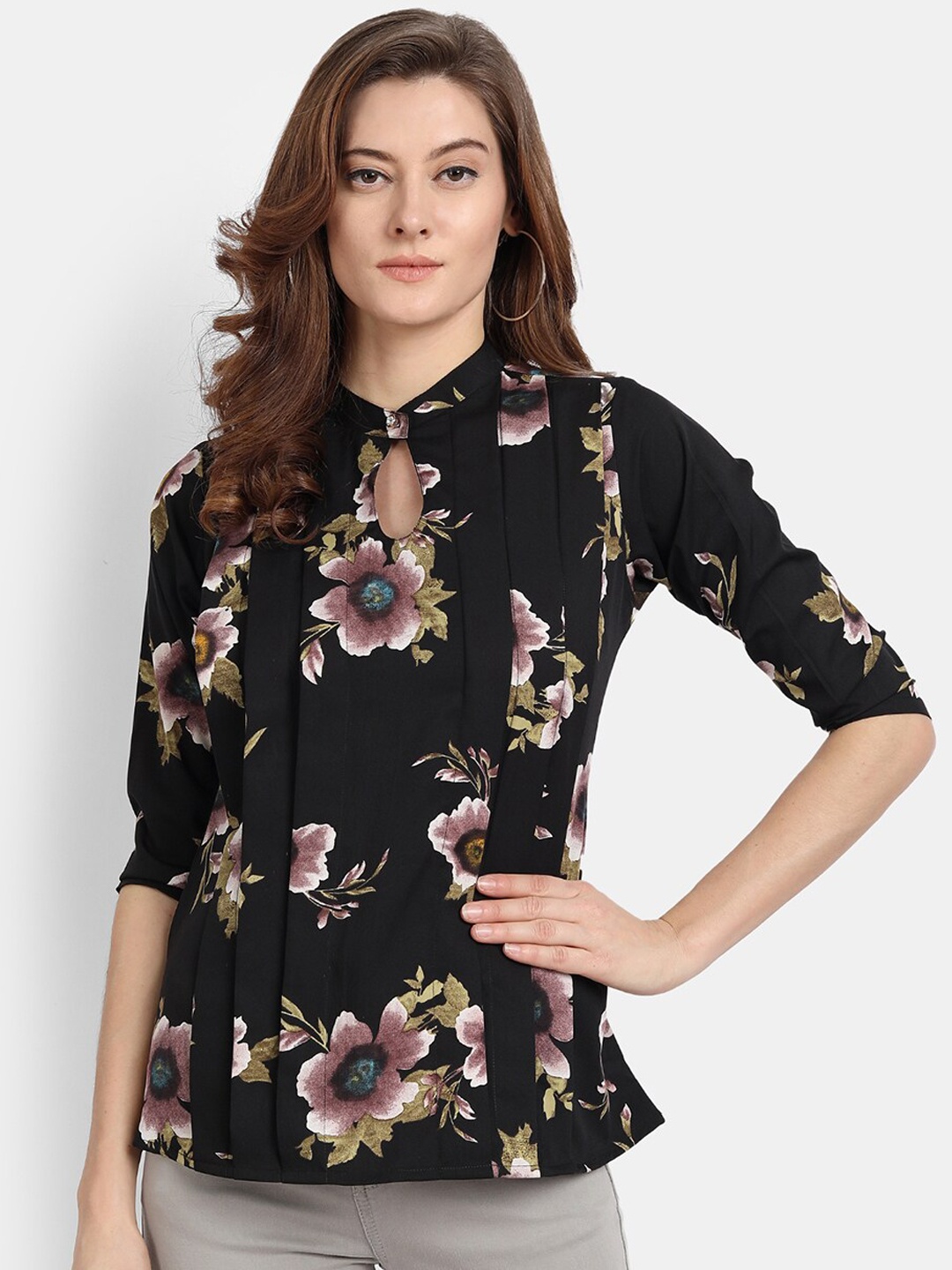 

HK colours of fashion Women Black Floral Printed Keyhole Neck Regular Top