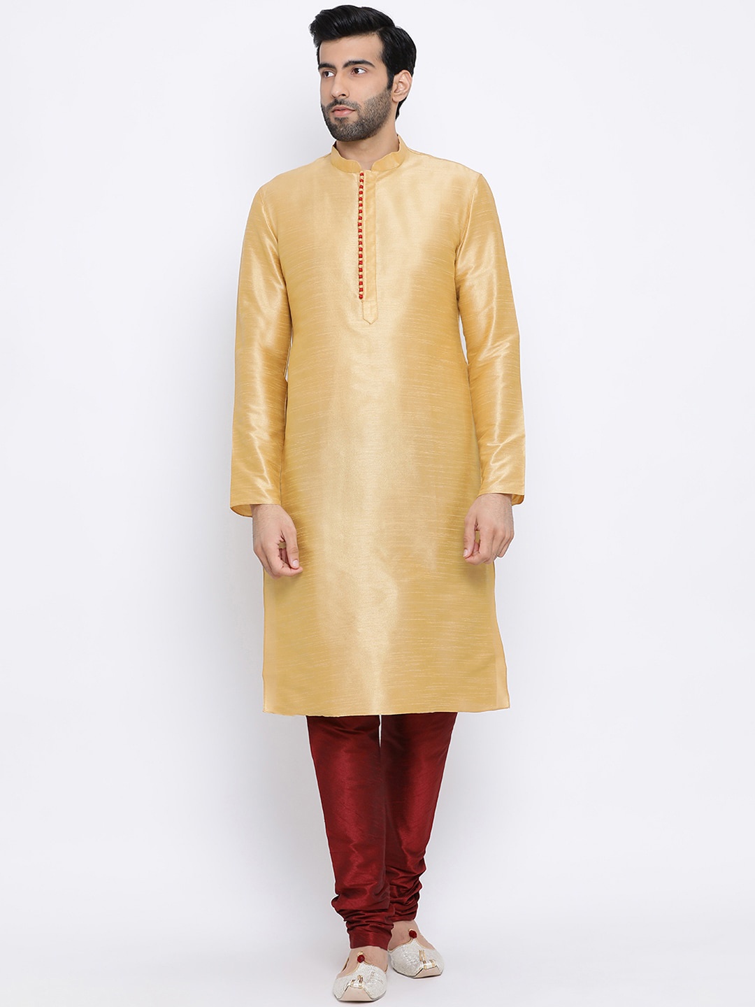 NAMASKAR Men Beige Solid Dupion Silk Straight Kurta