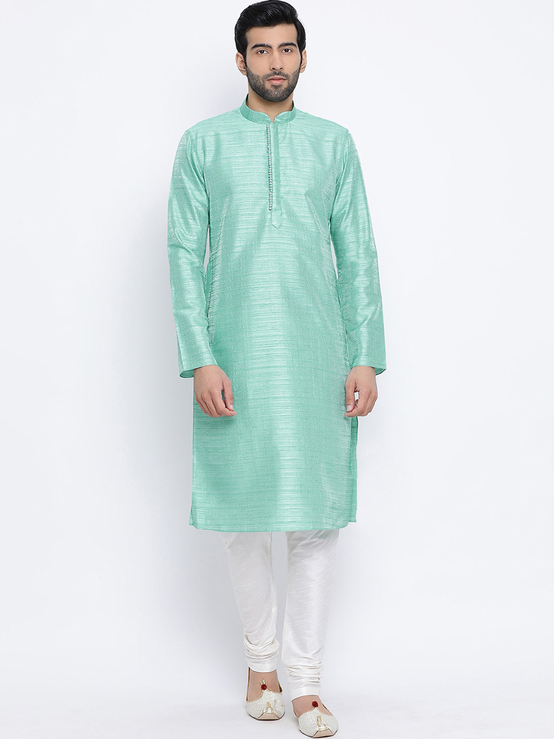 

NAMASKAR Men Green Woven Design Silk Kurta