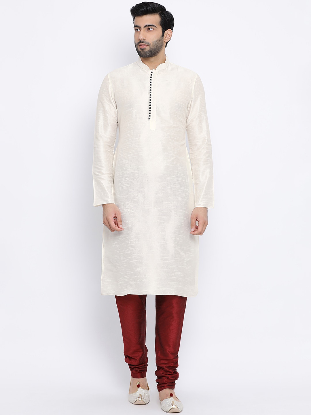 

NAMASKAR Men Off-White & Maroon Dupion Silk Solid Kurta with Churidar
