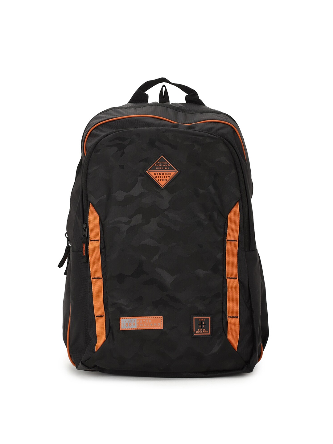 

Peter England Men Black & Orange Camouflage Backpacks