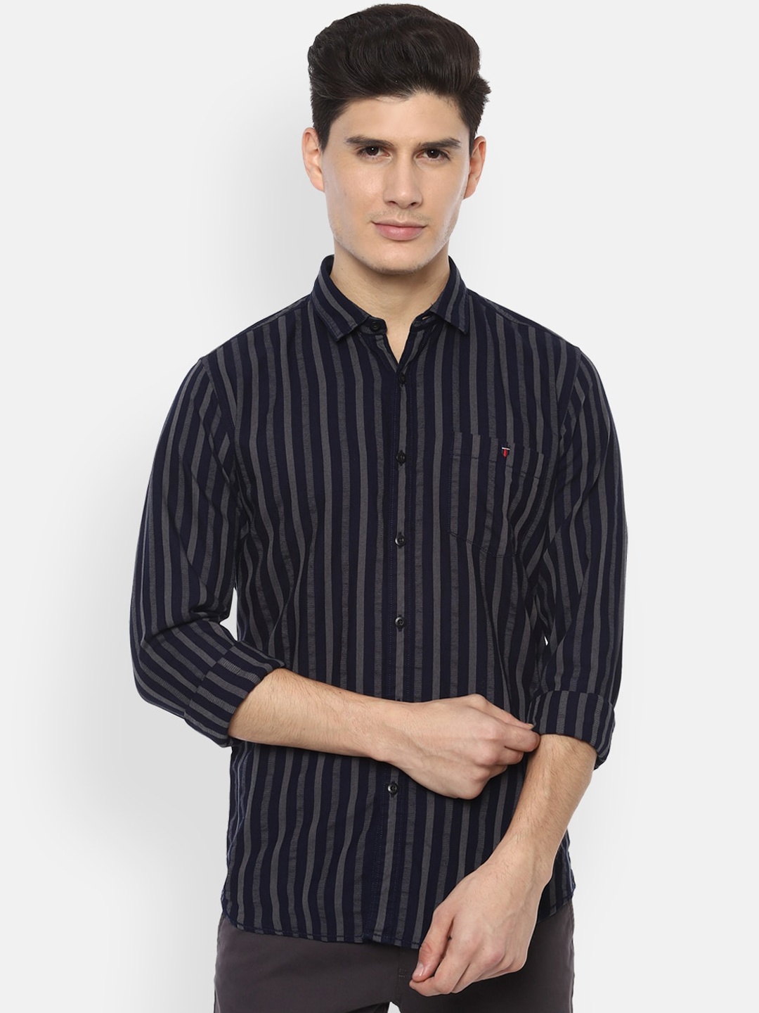 

Louis Philippe Jeans Men Black & Grey Regular Fit Striped Casual Shirt