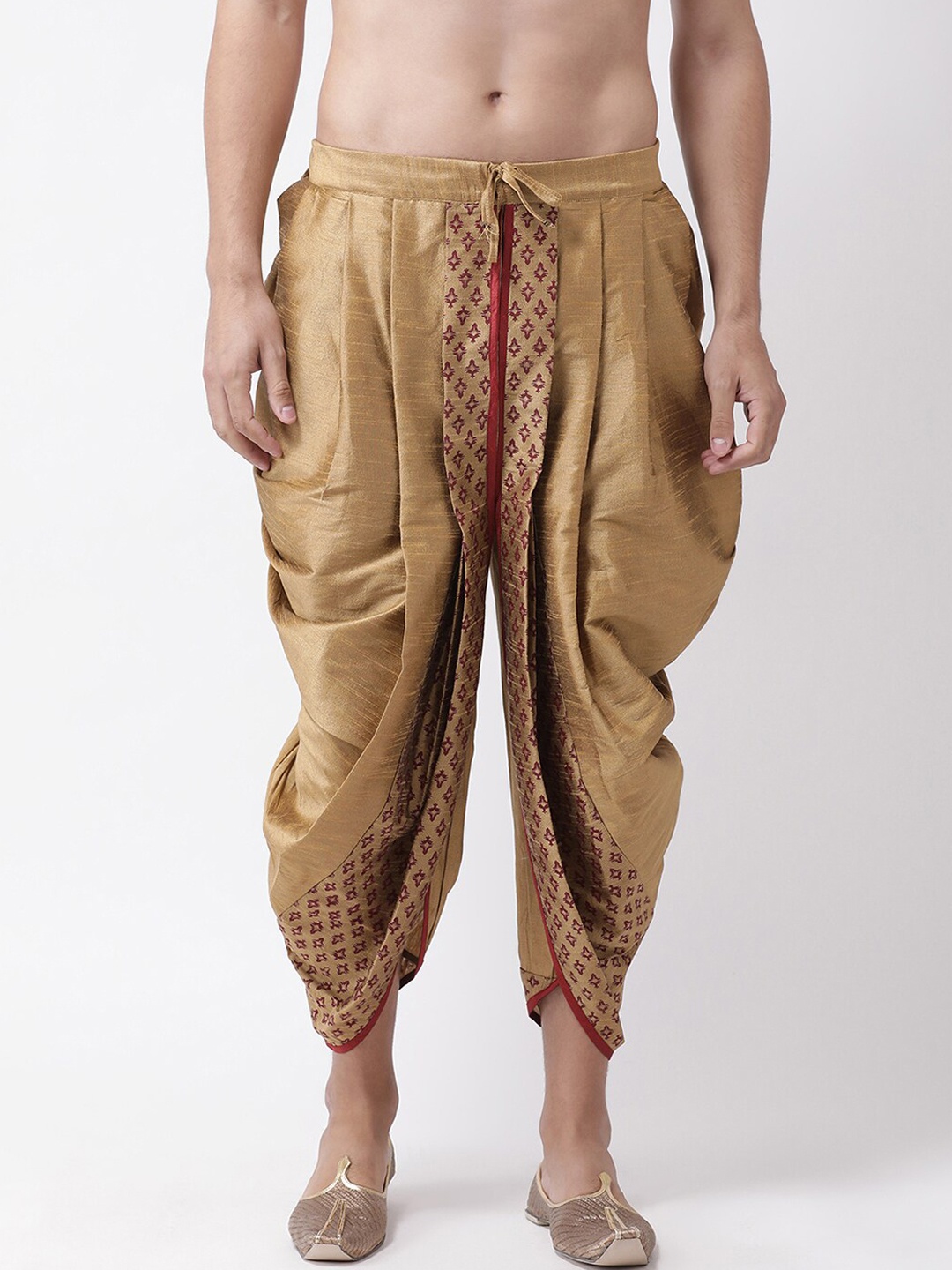 

DEYANN Men Golden & Maroon Solid Dupion Silk Dhoti Pants, Gold