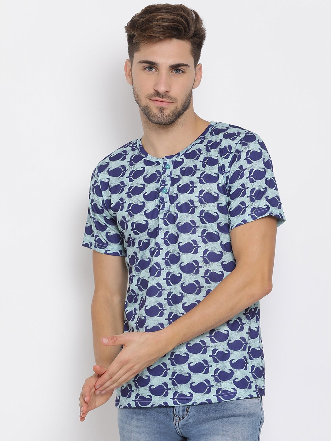 hangup trend Men Blue Printed Henley Neck Pure Cotton T-shirt