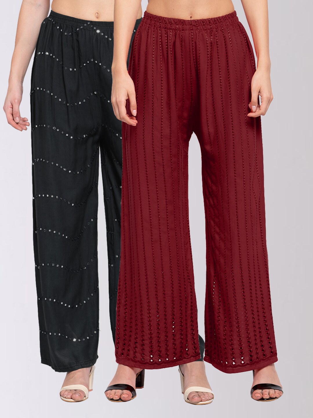 

KLOTTHE Pack of 2 Women Black & Maroon Solid Wide Leg Palazzos