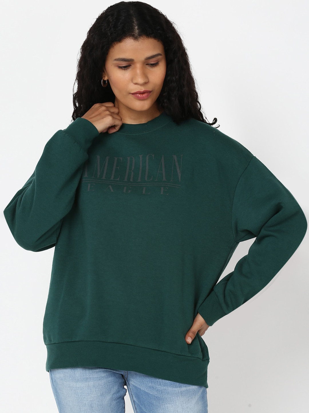 

AMERICAN EAGLE OUTFITTERS Women Green Printed Sweatshirt