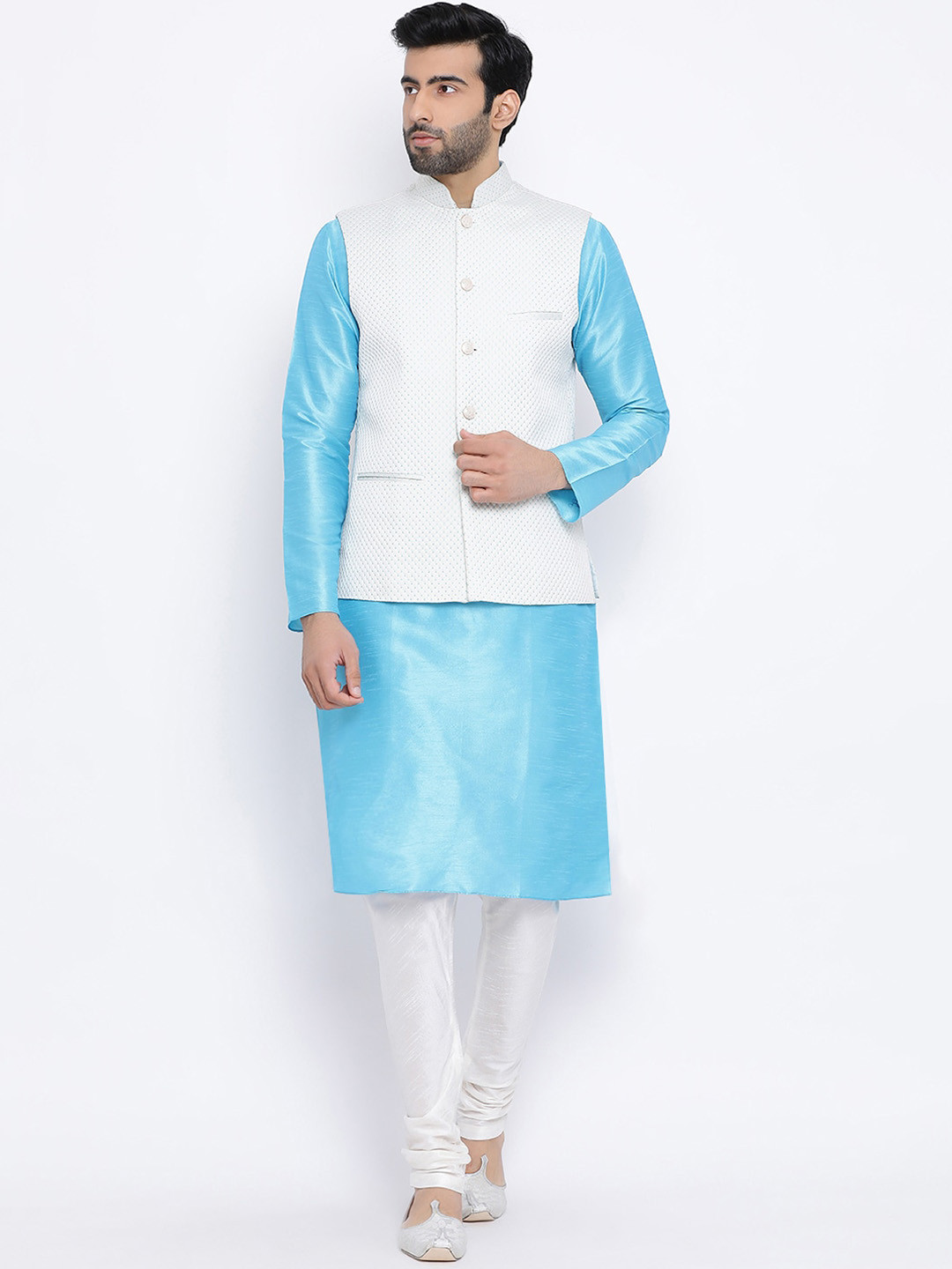 

NAMASKAR Men Blue & Off-White Solid Kurta with Churidar & Nehru Jacket