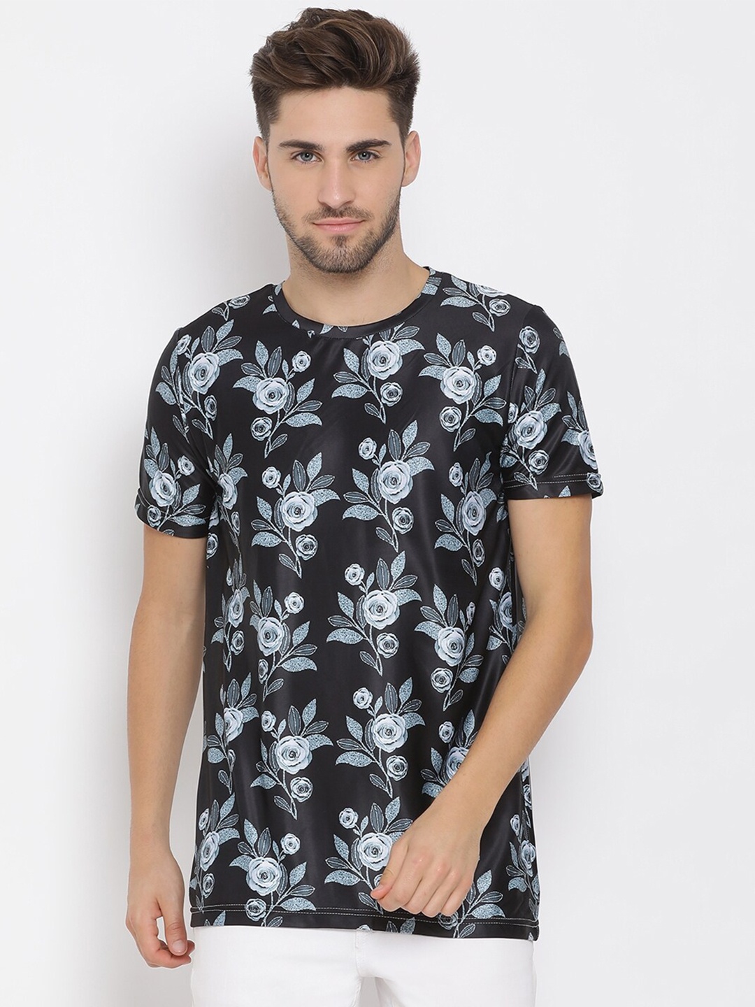 

hangup trend Men Black Blue Printed Round Neck Pure Cotton T-shirt