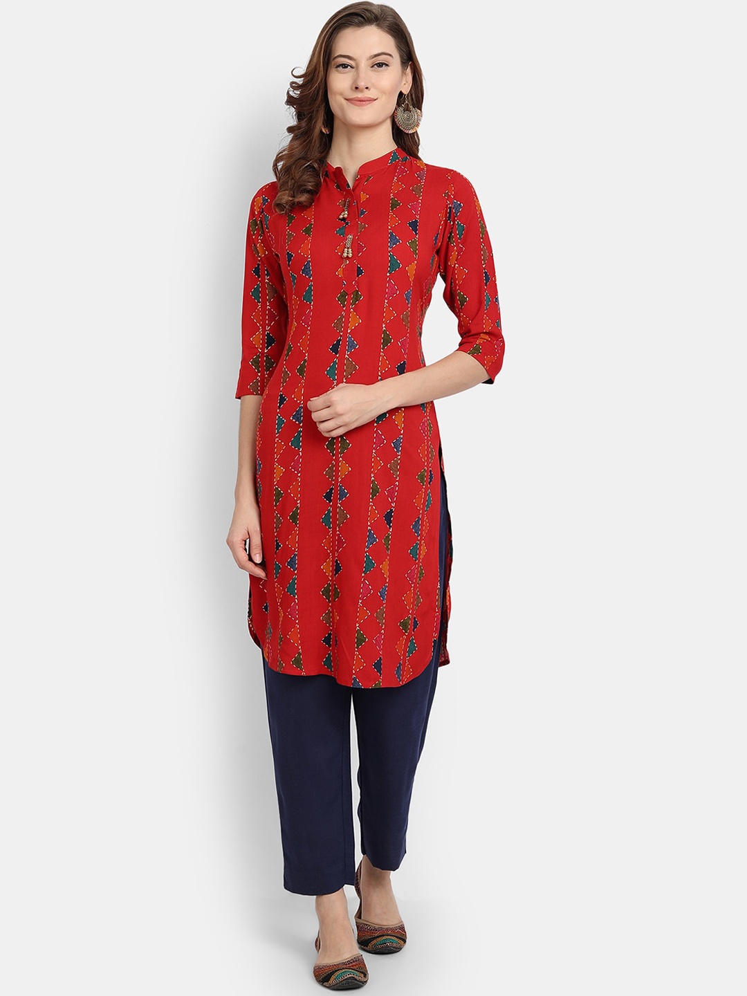 

HK colours of fashion Women Red Geometric Printed Straight Kurta
