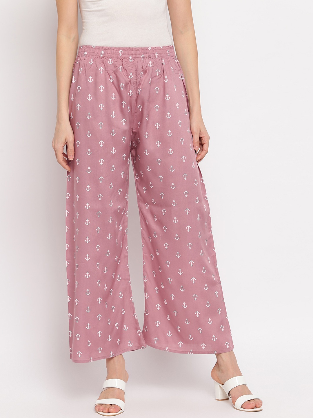 

Aawari Women Pink & White Printed Flared Palazzos