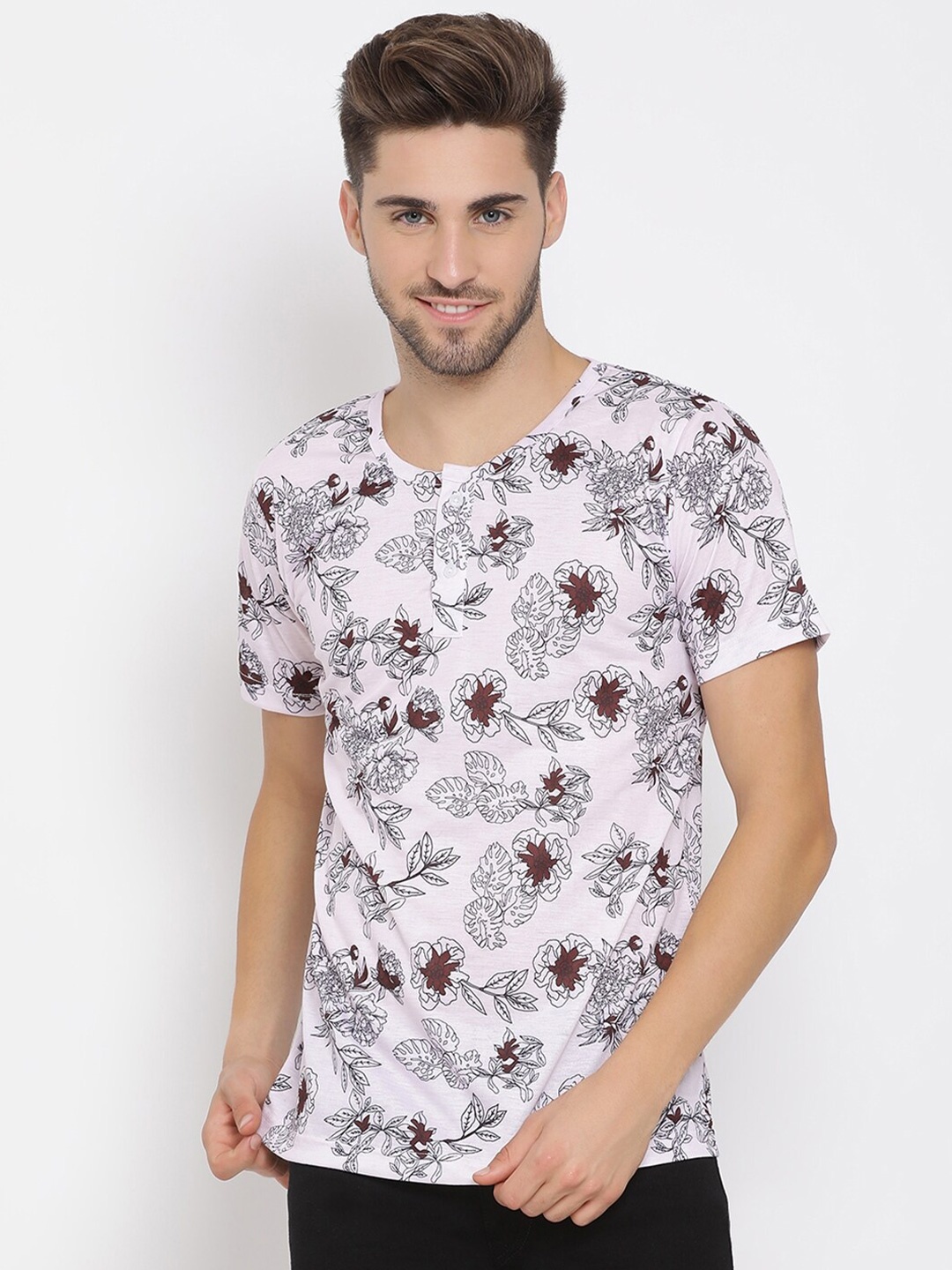 

Hangup Men White & Coffee Brown Floral Print Henley Neck T-shirt