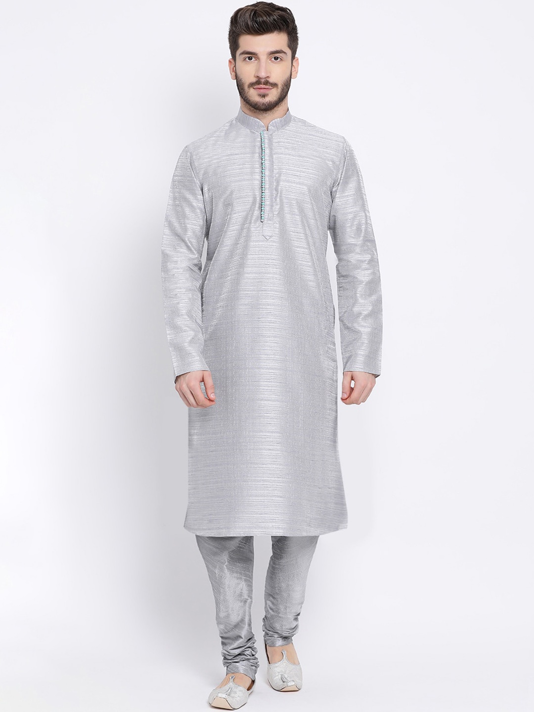 

NAMASKAR Men Silver-Toned Solid Silk Kurta with Churidar