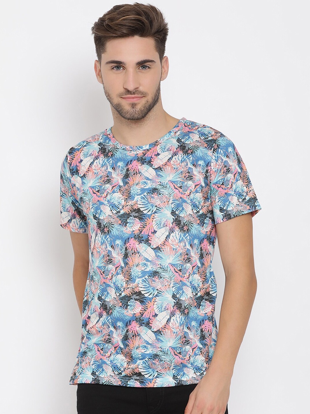 

hangup trend Men Blue Printed Round Neck Pure Cotton T-shirt