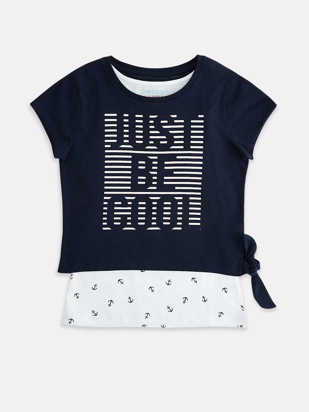 

Pantaloons Junior Girls Navy Blue & White Printed Round Neck T-shirt