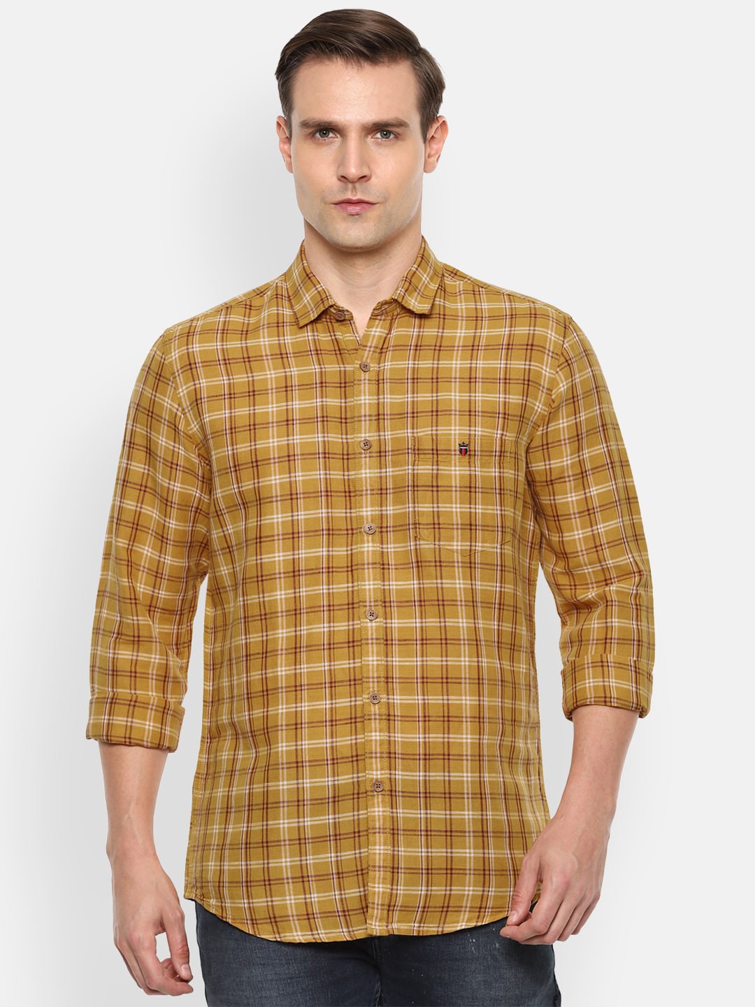 

Louis Philippe Jeans Men Yellow & White Slim Fit Checked Casual Shirt