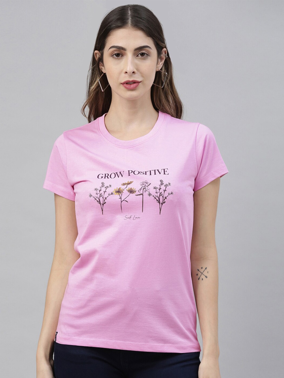 3PIN Women Pink Printed Round Neck T-shirt