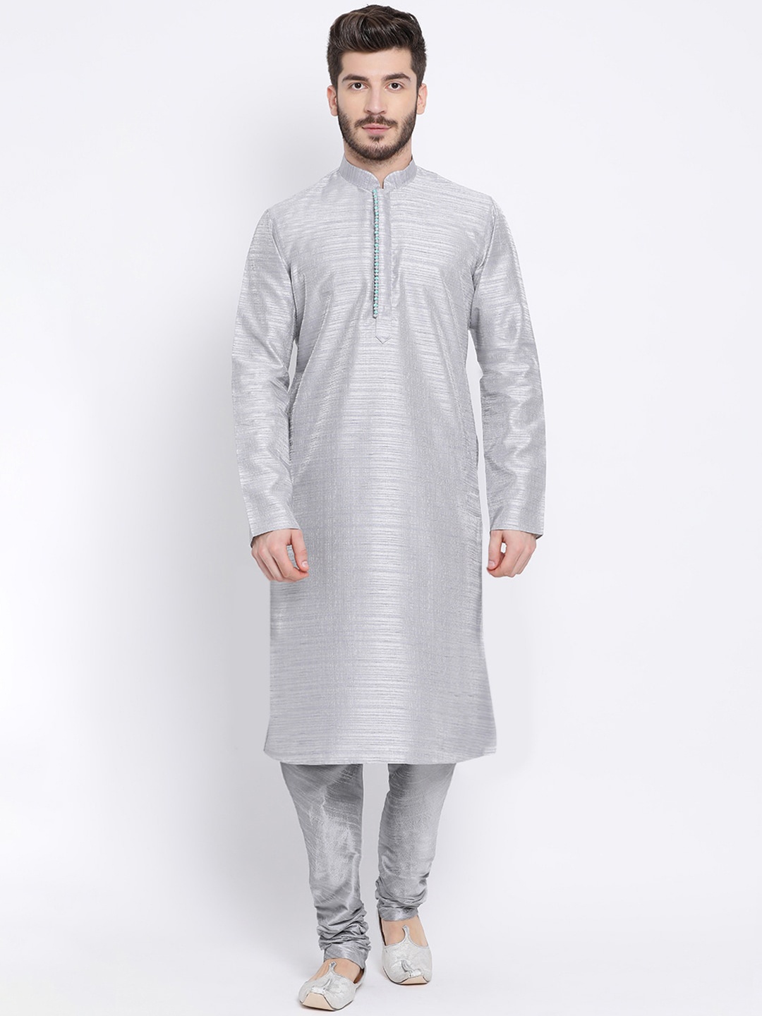 

NAMASKAR Men Silver Solid Dupion Silk Straight Kurta