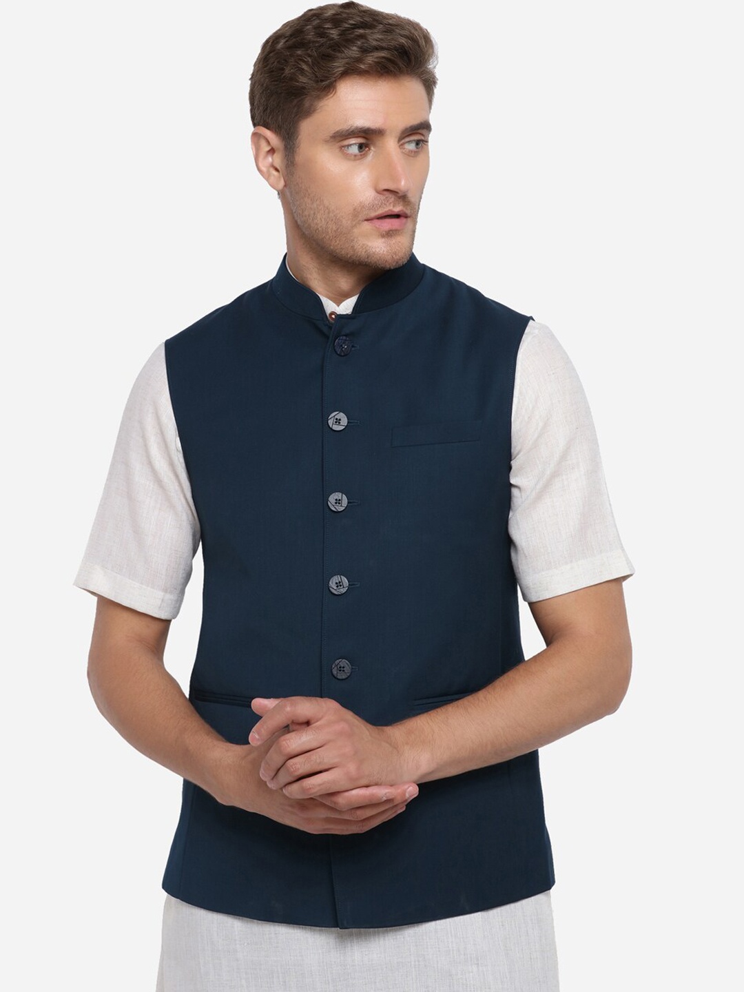 

MODI JACKET Men Teal Blue Solid Nehru Jacket