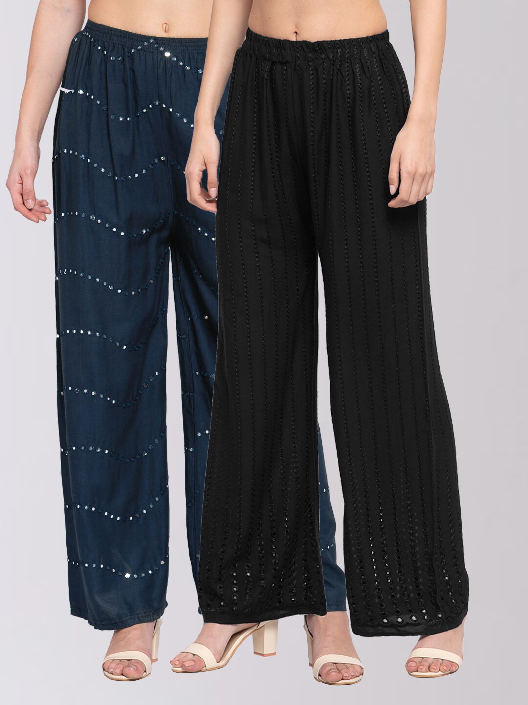 

KLOTTHE Women Pack Of 2 Black & Grey Embellished Wide Leg Palazzos