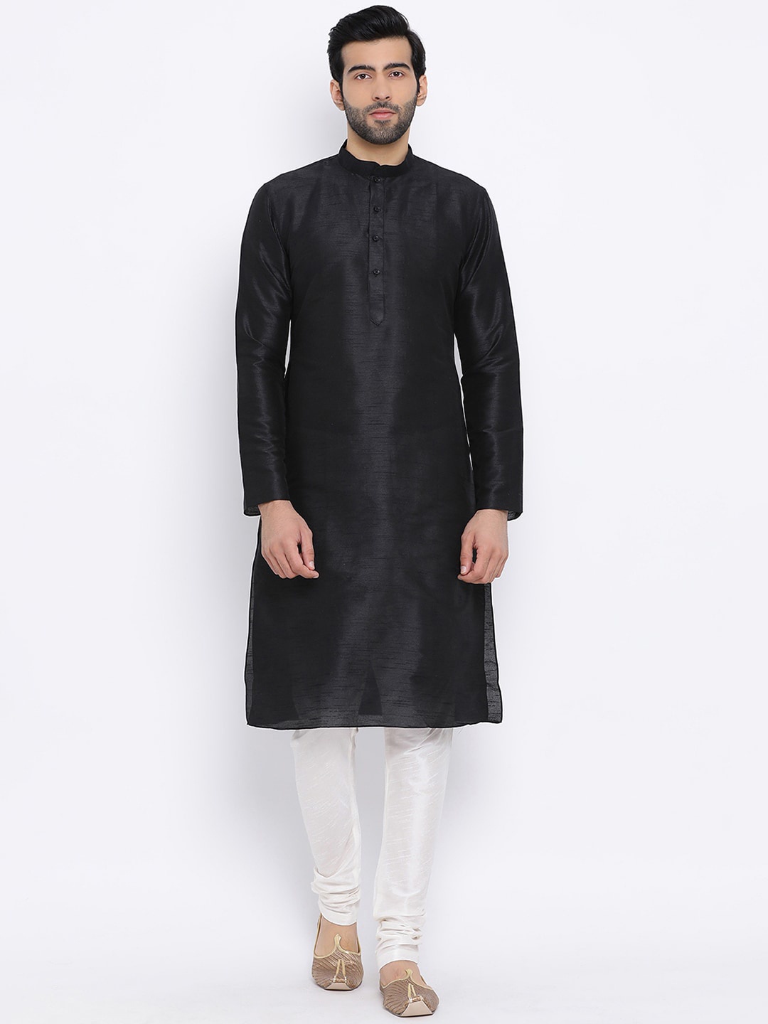 

NAMASKAR Men Black & White Dupion Silk Solid Kurta with Churidar