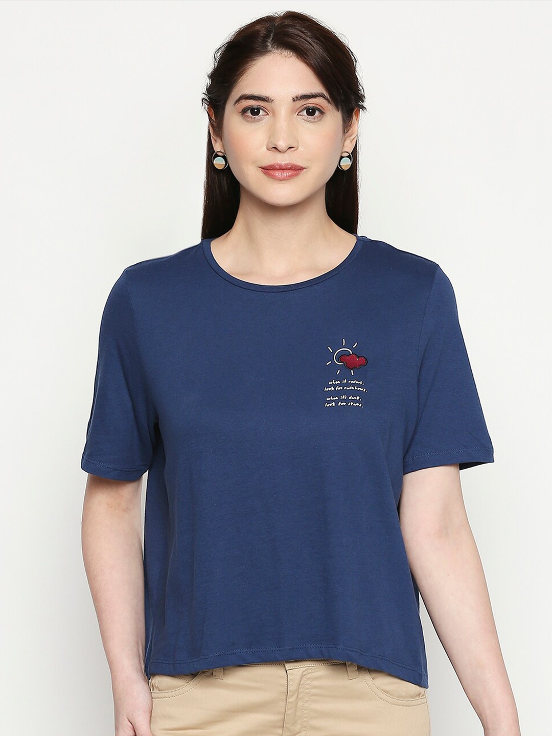 

People Women Navy Blue Solid Round Neck T-shirt