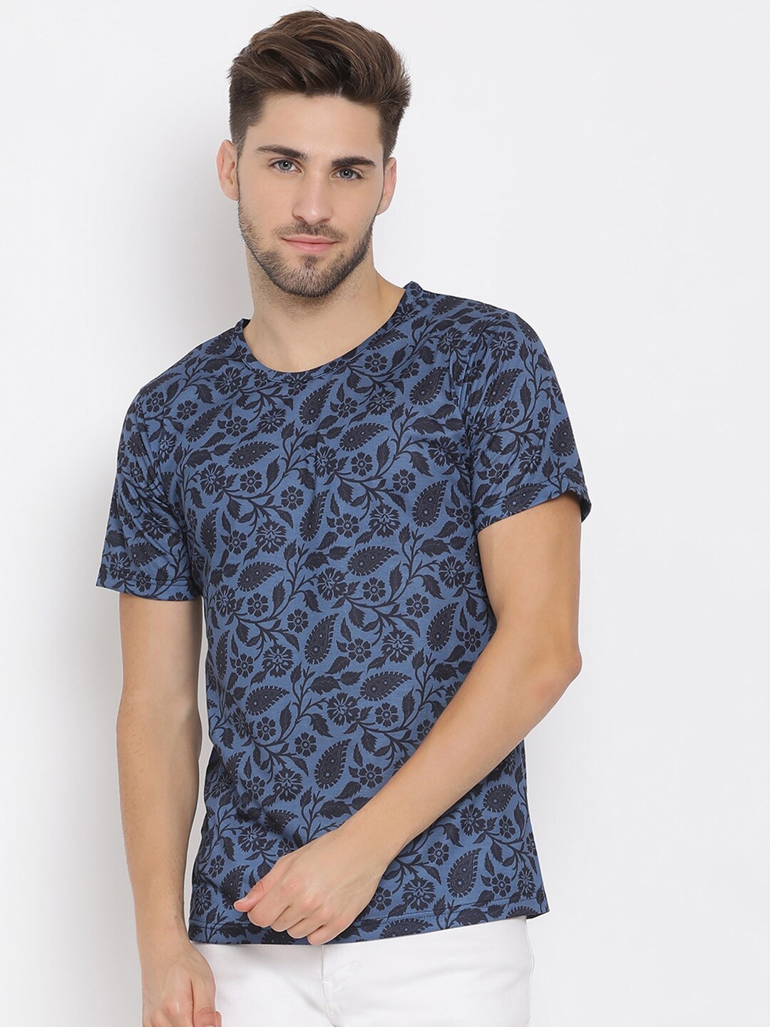 

Hangup Men Navy Blue Printed Round Neck T-shirt