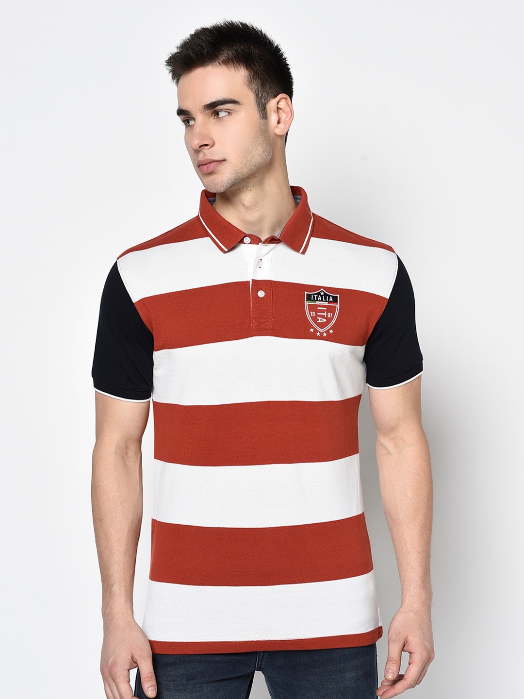 

Octave Men Rust Orange & White Striped Polo Collar T-shirt