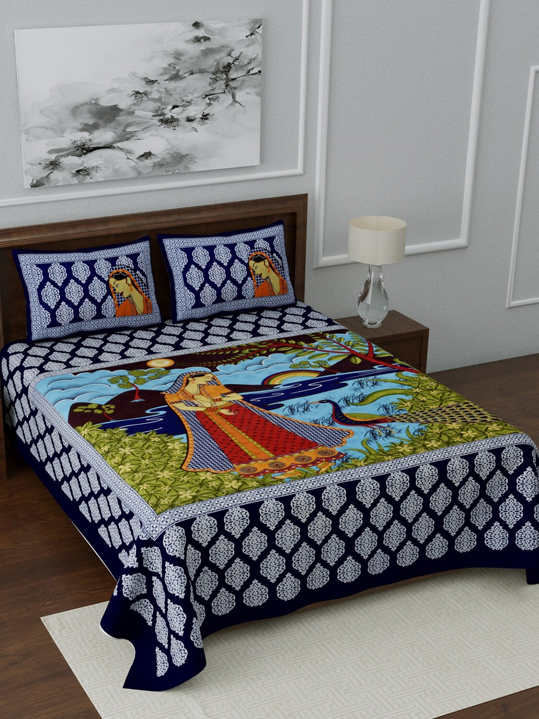 

LIVING ROOTS Blue & Green Ethnic Motifs 144 TC Cotton 1 Queen Bedsheet with 2 Pillow Covers