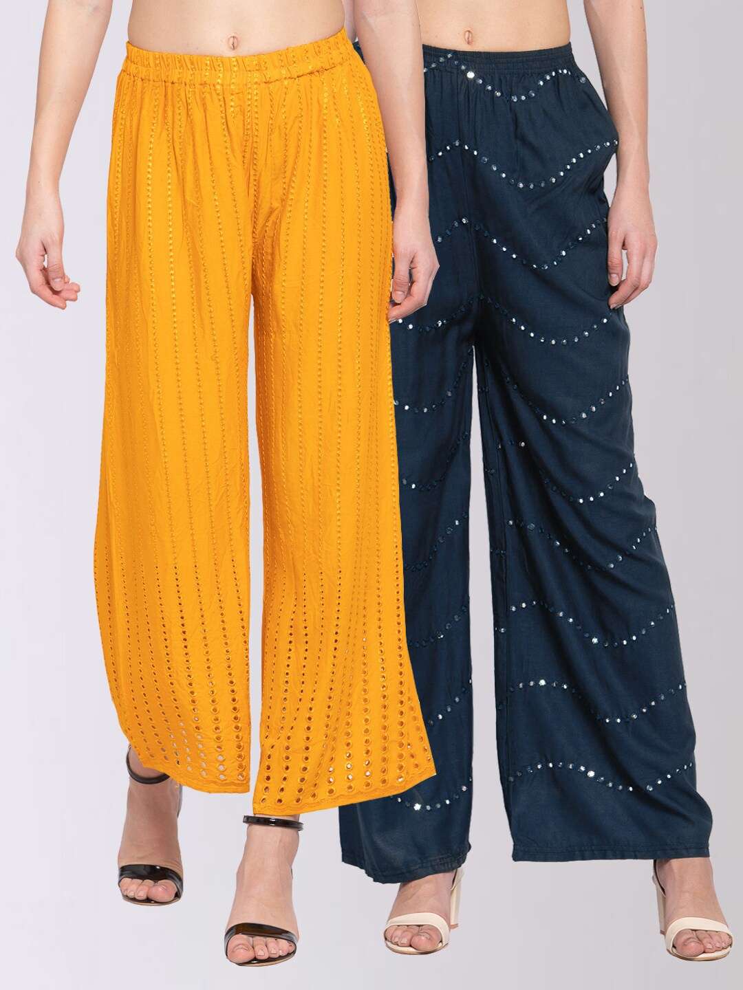 KLOTTHE Women Pack Of 2 Yellow & Navy Blue Self-Design Wide Leg Palazzos