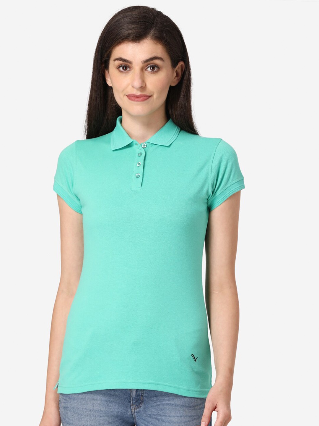 

Vami Women Sea Green Solid Polo Collar T-shirt