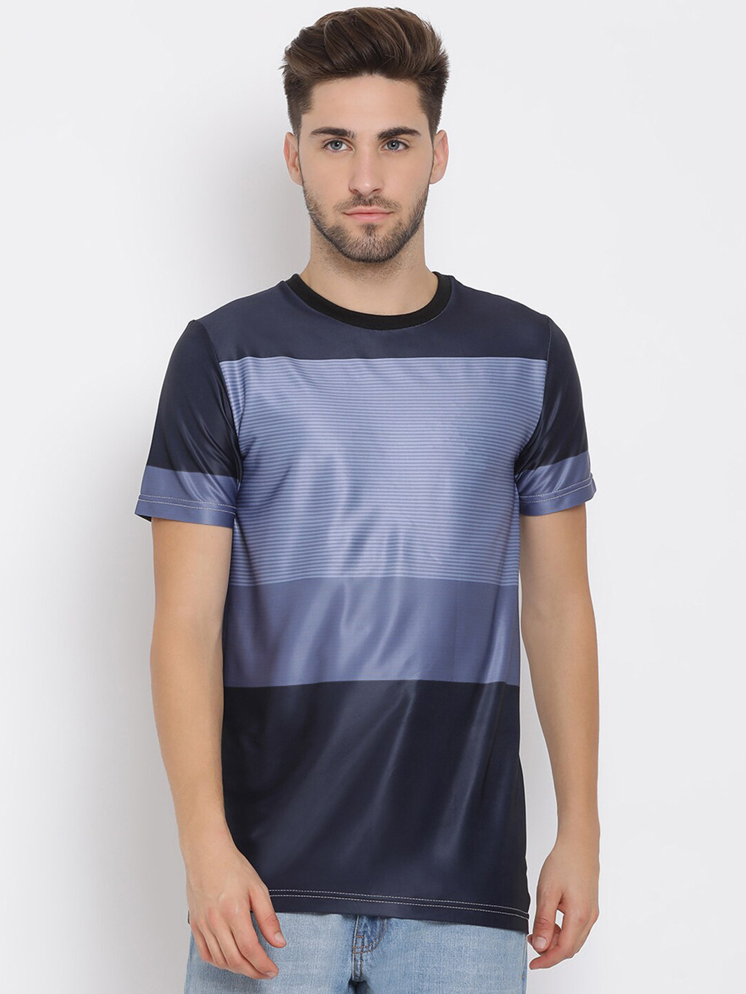 

hangup trend Men Navy Blue Striped Round Neck Pure Cotton T-shirt