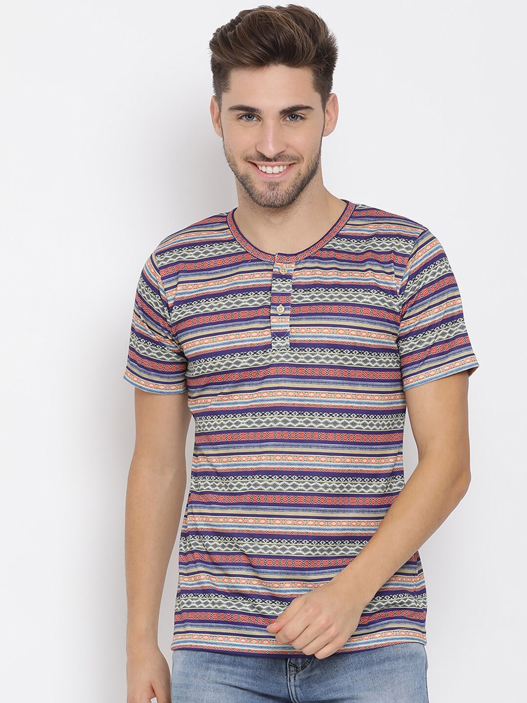

Hangup Men Navy Blue & Rust Orange Striped Henley Neck T-shirt