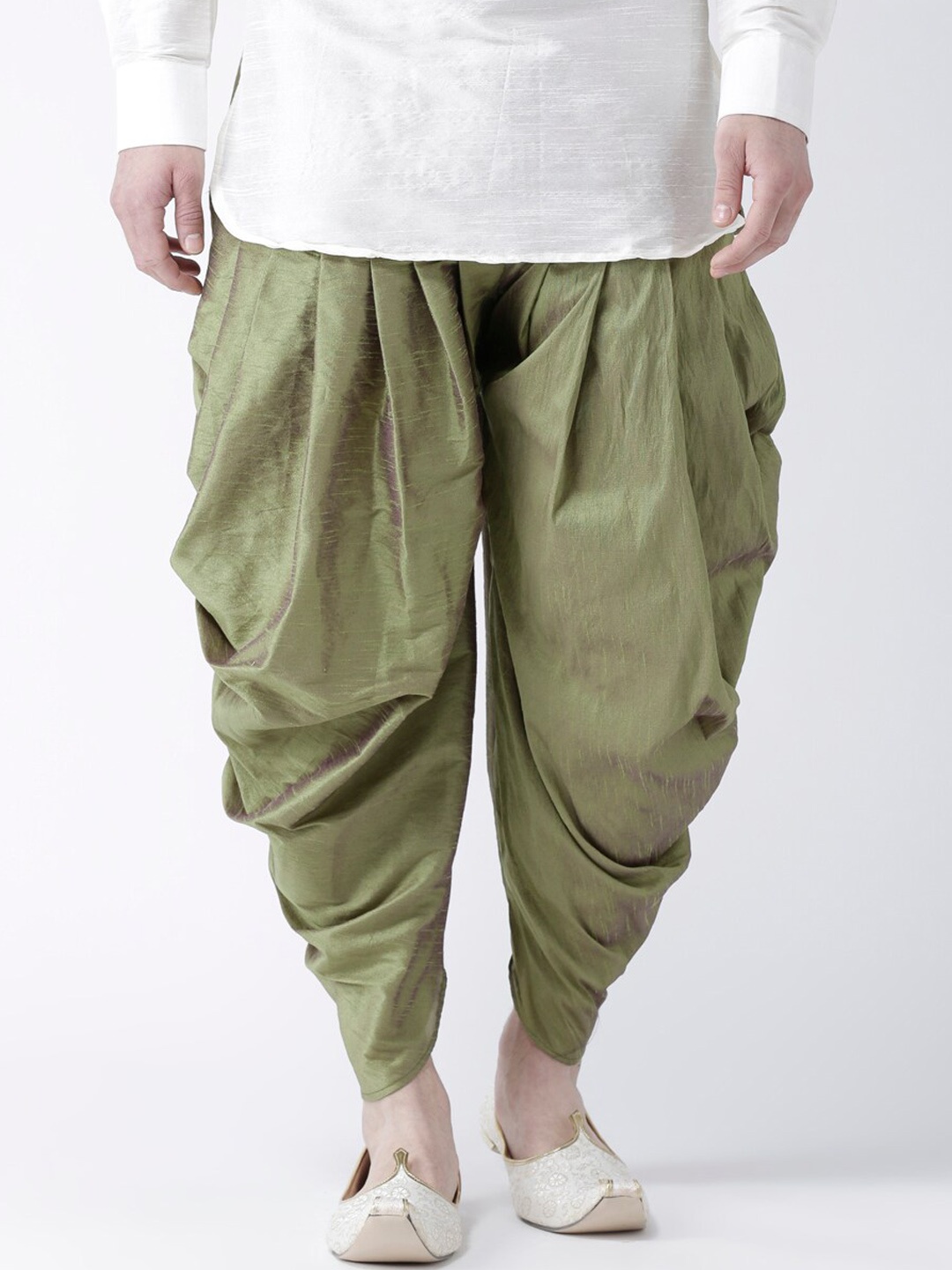DEYANN Men Olive Green Solid Dupion Silk Dhotis