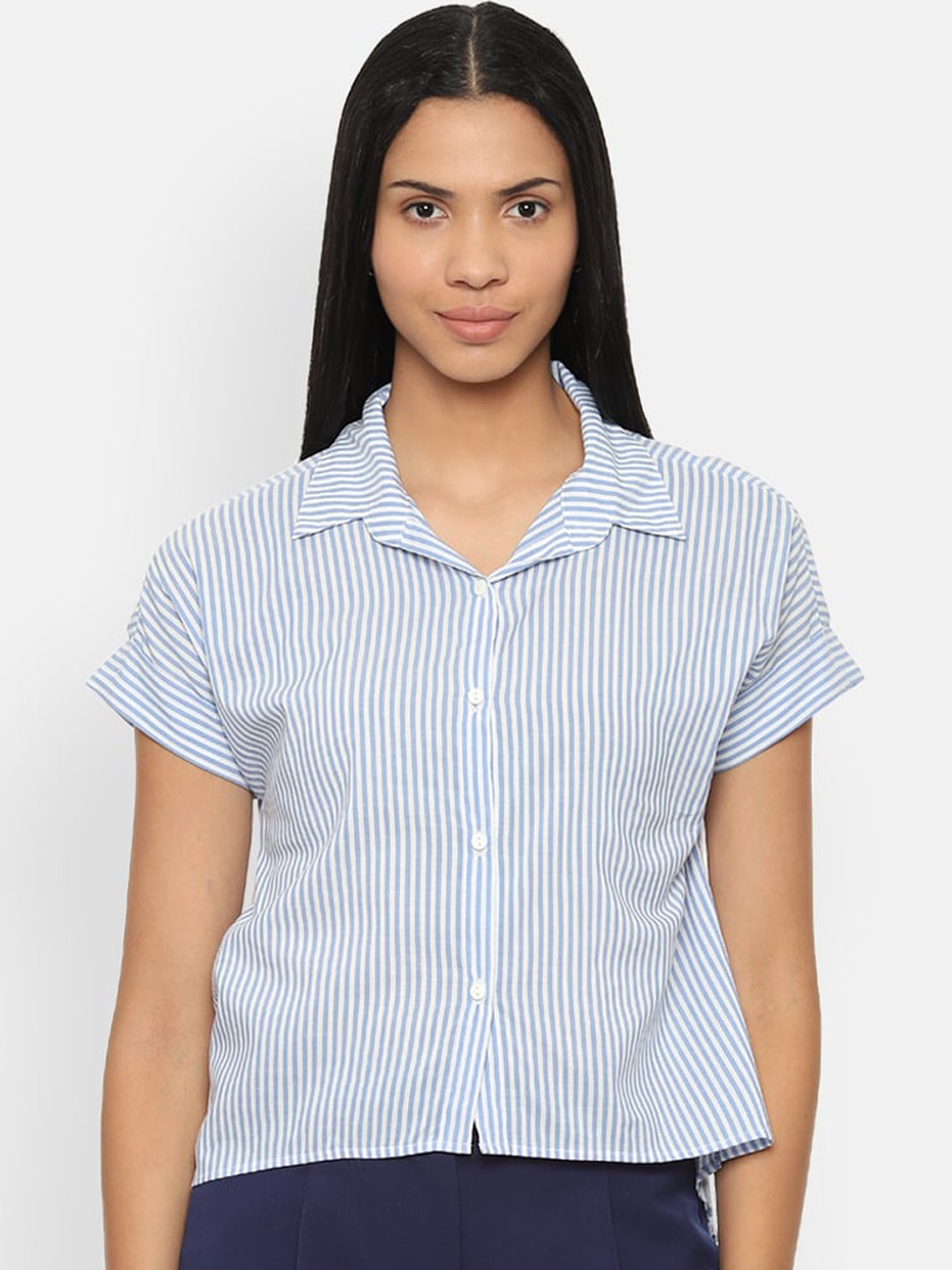 

Van Heusen Woman Women Blue & White Regular Fit Striped Casual Shirt
