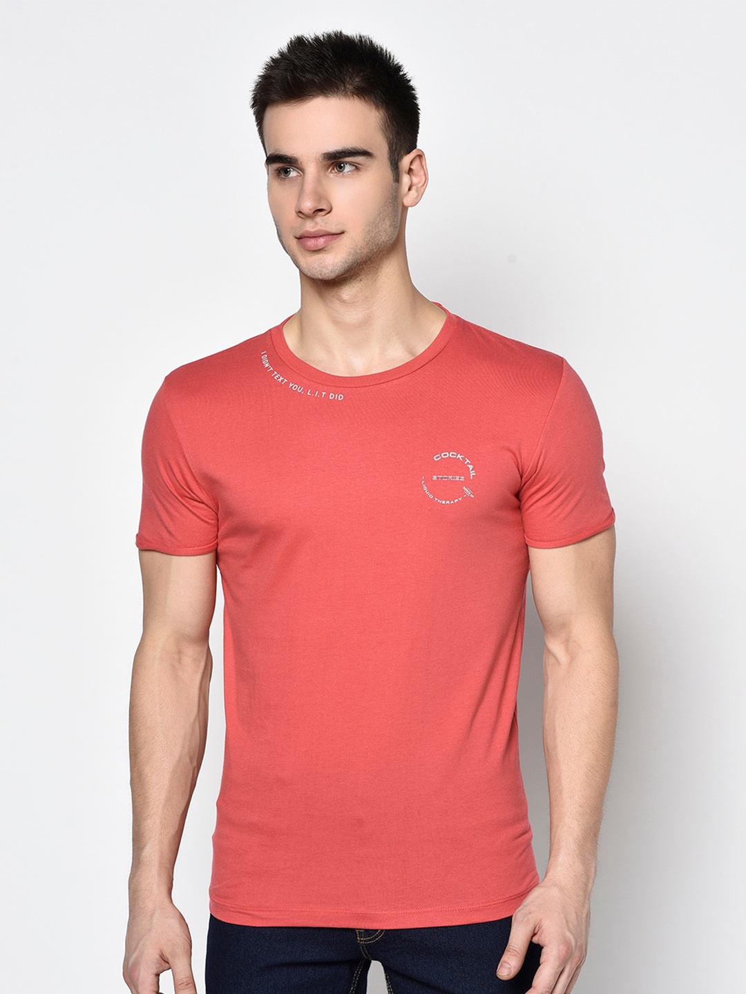 

Octave Men Coral Orange Solid Round Neck T-shirt